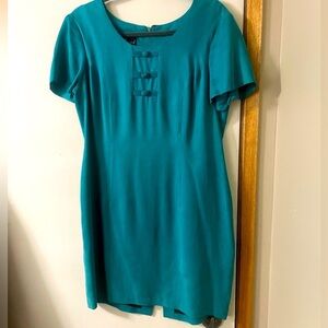 Carole Little Vintage Teal Size 10 Petite Short-sleeved Bow Accented Suede Dress